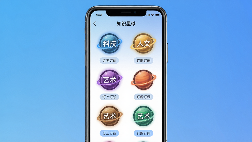 展示九知星球App内“知识星球”界面的手机截图,主体为手机屏幕,屏幕中显示多个圆形星球图标,每个星球上标注“科技”、“人文”、“艺术”等字样,颜色各异。手机位于画面中央,背景为简洁的渐变蓝色。布局为手机居中,屏幕内容清晰可见。排版采用网格排列,风格为现代UI设计,细节包括星球图标的光晕效果、订阅按钮,画质高清,干净无多余元素。