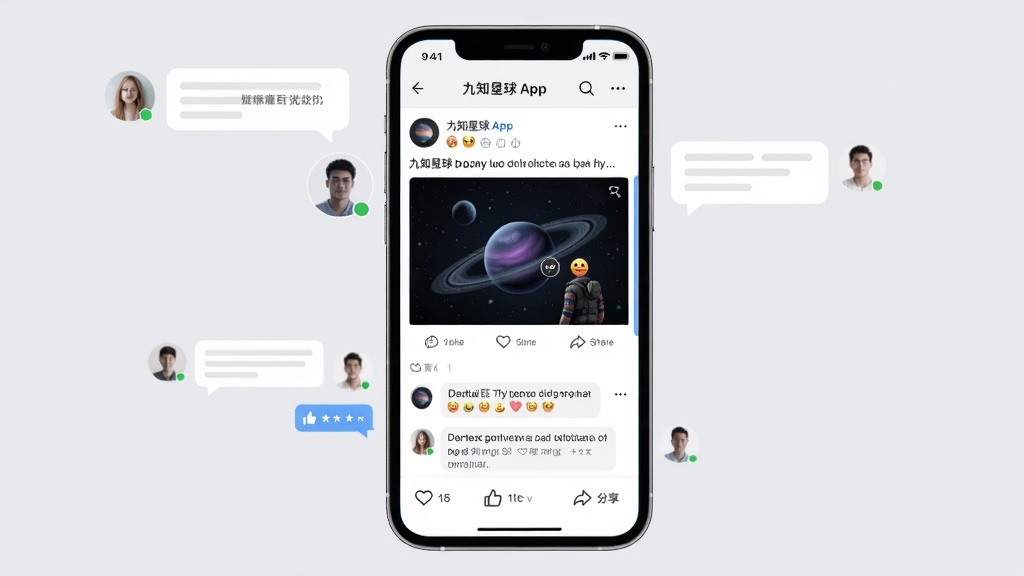 展示九知星球App社区讨论界面的手机截图,主体为手机屏幕,屏幕中显示一个话题帖,下方有评论、点赞、分享图标。背景为浅灰色,手机居中,周围有模拟的用户头像和气泡。布局为手机占据中心,屏幕内容清晰。排版为信息流样式,风格为清新社交风,细节包括表情符号、互动按钮,画质高清,干净无多余元素。