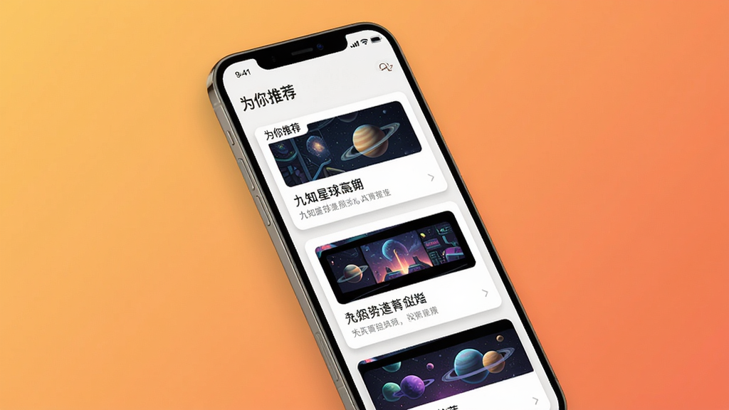 展示九知星球App个性化推荐页面的手机截图,主体为手机屏幕,屏幕中显示推荐内容卡片,卡片上有标题和缩略图。背景为暖色调渐变,手机略微倾斜放置。布局为手机居中,屏幕内容清晰。排版为瀑布流样式,风格为简约现代,细节包括“为你推荐”标签、卡片阴影效果,画质高清,干净无多余元素。