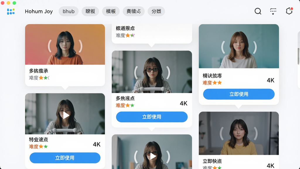 主体:Hohem Joy软件中的创意模板库界面,展示多个模板卡片。布局:卡片式瀑布流布局,每张卡片有预览动图。排版:顶部为分类标签,底部为“立即使用”按钮。风格:现代简约,色彩明快。细节:卡片上标注模板名称和难度等级。画质:4K,干净,无多余元素。