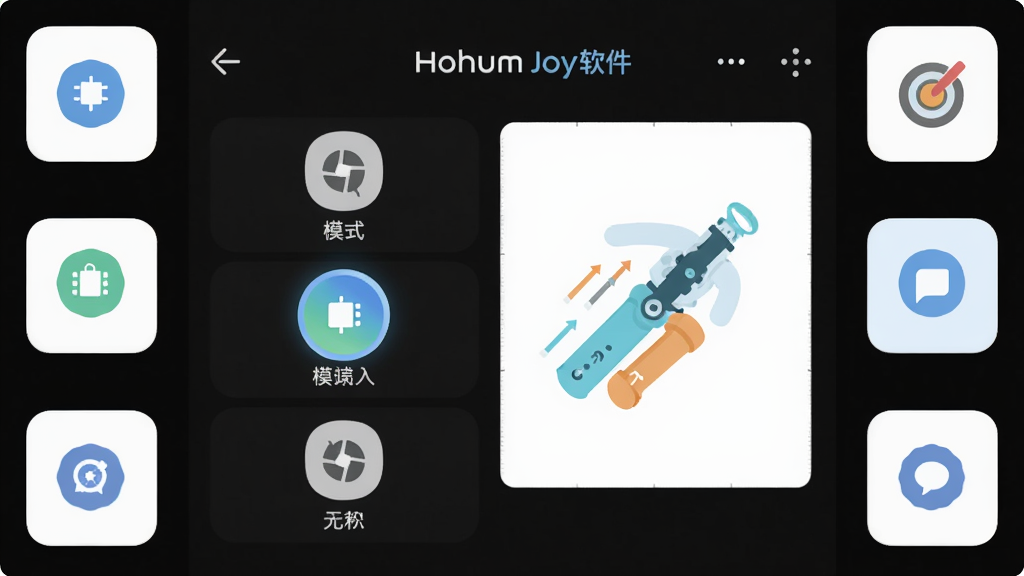 主体:Hohem Joy软件在手机上的跟随模式设置界面,包含三个模式图标。布局:界面居中显示,周围有简洁的功能图标环绕。排版:左侧为模式列表,右侧为动态示意图。风格:扁平化UI设计,色彩清新。细节:每个图标下方有中文标注,当前选中模式高亮。画质:高清,干净,无多余元素。