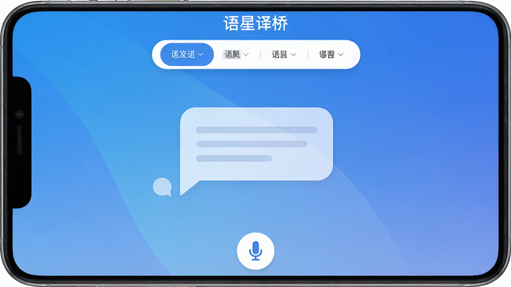 一张展示语星译桥应用主界面的高清截图,界面以蓝色渐变为主色调,中央显示对话气泡,上方有语言选择栏,下方有麦克风按钮,整体风格现代简约,画质清晰,干净无多余元素,突出“语星译桥”APP名称。