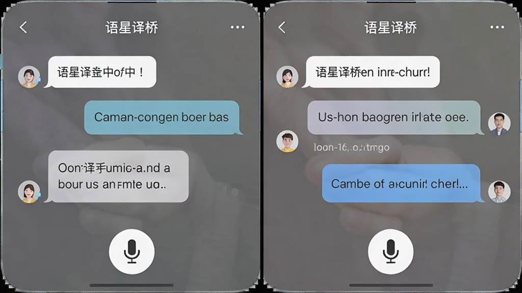 展示语星译桥对话模式的界面截图,手机屏幕分为左右两个区域,分别显示中文和英文的对话气泡,下方有麦克风按钮,界面简洁,色彩柔和,画质干净,突出“语星译桥”品牌。