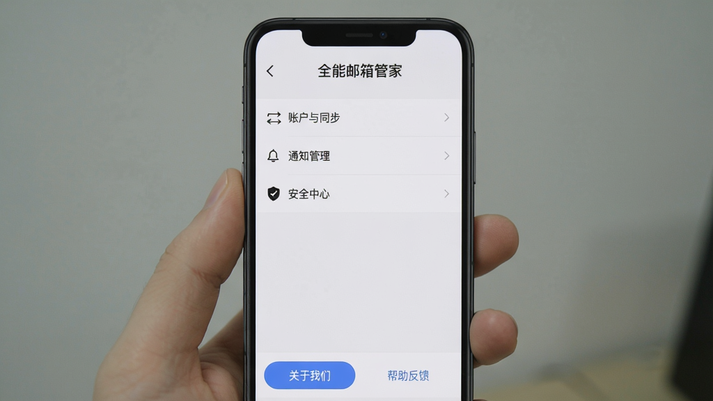 手机竖屏展示“全能邮箱管家”的设置界面,屏幕中有“账户与同步”、“通知管理”、“安全中心”等菜单项,下方有“关于我们”与“帮助反馈”按钮,背景为浅灰色,整体风格极简,画质清晰,干净无多余元素。