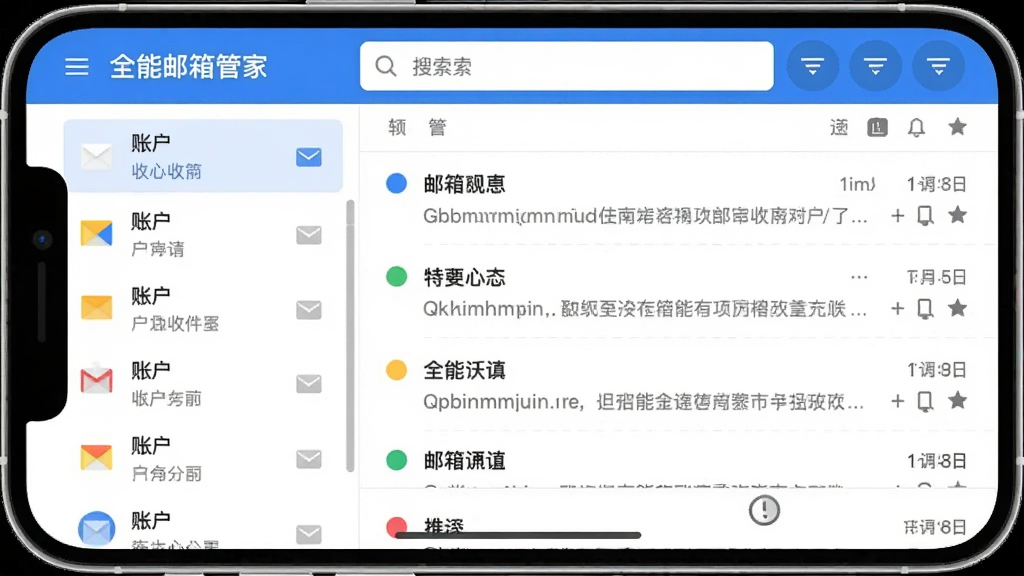 一幅手机横屏截图展示“全能邮箱管家”的统一收件箱界面,左侧为账户列表,右侧为聚合邮件流,每封邮件左侧显示不同颜色的小圆点代表不同邮箱来源,界面顶部有搜索框与筛选按钮,整体采用蓝白配色,设计现代,画质清晰,干净无多余元素。