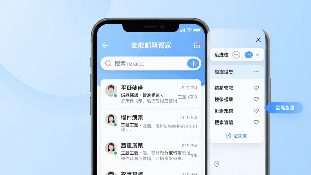 展示“全能邮箱管家”搜索功能的手机界面,屏幕中央是搜索框,下方显示搜索结果列表,每封邮件卡片有发件人、主题和摘要,右侧有筛选条件面板,背景为浅蓝色渐变,整体风格简洁明亮,画质高清,干净无多余元素。