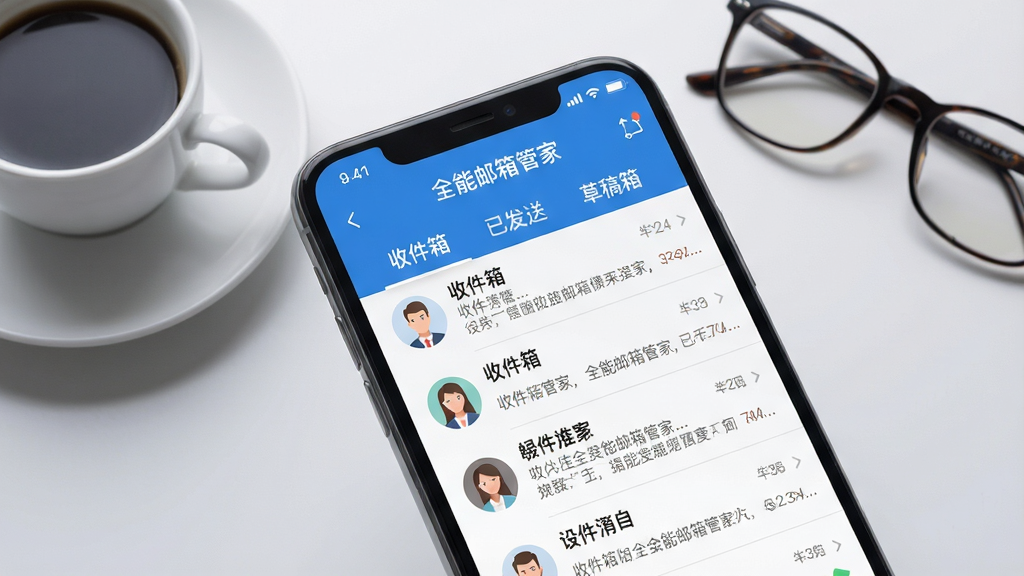 画面主体为一部智能手机屏幕特写,屏幕中清晰展示“全能邮箱管家”App界面,界面顶部有“收件箱”、“已发送”、“草稿箱”等标签栏,中央是邮件列表,每封邮件显示发件人头像与摘要文字,布局简洁明快。背景为浅灰色渐变办公桌面,放有一杯咖啡与一副眼镜,整体风格清爽专业,画质高清,干净无多余元素。