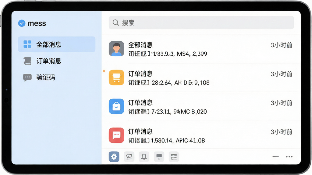 主体:mess应用的消息分类管理界面,左侧为侧边栏,包含“全部消息”、“订单消息”、“验证码”等类别,右侧为消息列表。布局:平板电脑横屏展示,界面分为左右两栏,左侧导航栏背景为淡蓝色,右侧列表白色背景,每个条目有彩色图标区分类型。排版:列表项包含发件人、摘要和时间,顶部有搜索框,底部有批量管理工具栏。风格:简洁商务风,色彩柔和,线条清晰,画质高清,干净,无多余元素。