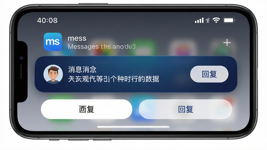 主体:智能手机屏幕展示消息推送通知栏,顶部有“mess”应用图标和消息内容摘要,下方是快捷回复按钮。布局:手机横屏展示,屏幕上方为状态栏,中间为推送通知卡片,卡片圆角设计,背景为深蓝色渐变,文字白色清晰可见。排版:通知卡片内包含发送者头像、消息文本和“回复”按钮,整体布局紧凑、层次分明。风格:写实风格,光影真实,注重细节,画质高清,干净,无多余元素。