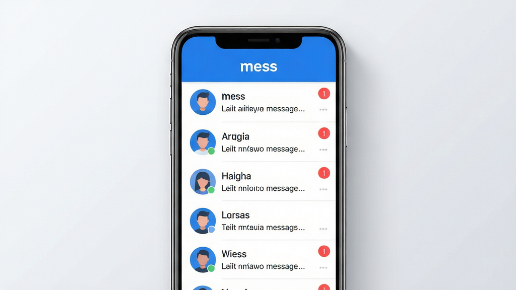 主体:一款名为“mess”的即时通讯软件界面,展示在智能手机屏幕上,屏幕中央是简洁的聊天对话列表,包含头像、昵称和消息预览。布局:手机竖屏居中,背景为干净的浅灰色渐变,手机周围有轻微的光影效果,突出屏幕内容。排版:界面采用现代扁平化设计,顶部显示“mess”品牌标识,列表排列整齐,每个条目间距均匀,右侧显示未读消息红色角标。风格:科技感、简洁、明亮,色彩以品牌蓝和白色为主,细节丰富,画质高清,干净,无多余元素。