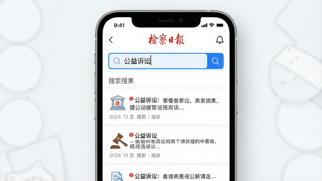 检察日报APP搜索界面,搜索框输入“公益诉讼”,下方显示搜索结果列表,界面简洁,白色背景,蓝色高亮,高清画质,干净无多余元素