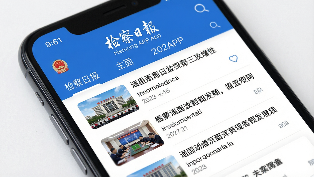 检察日报APP主界面预览图,手机屏幕显示新闻列表与顶部导航栏,界面以蓝白为主色调,布局清晰,风格简洁现代,高清画质,干净无多余元素