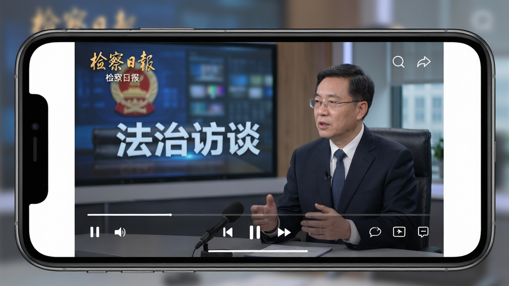 检察日报APP视频播放页面,手机横屏播放法治访谈节目,画面清晰,播放器控件简洁,背景虚化,风格专业,高清画质,干净无多余元素