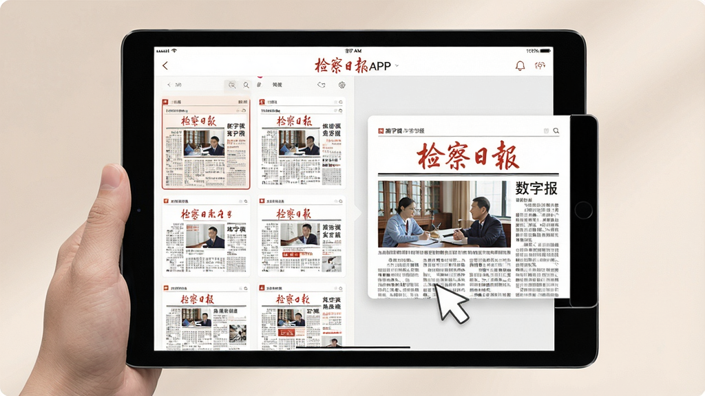 检察日报APP数字报阅读界面,平板电脑展示报纸版面缩略图,点击可放大阅读,界面简洁,色调柔和,高清画质,干净无多余元素