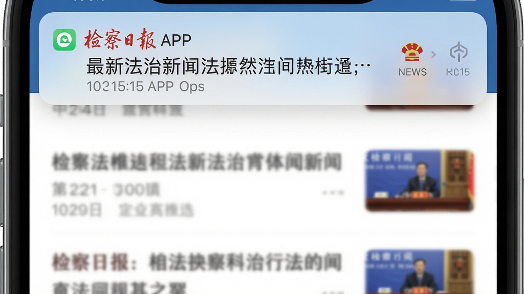检察日报APP新闻推送界面截图,手机顶部弹出通知栏,显示最新法治新闻摘要,背景为模糊的新闻列表,风格写实,画质清晰,干净无多余元素