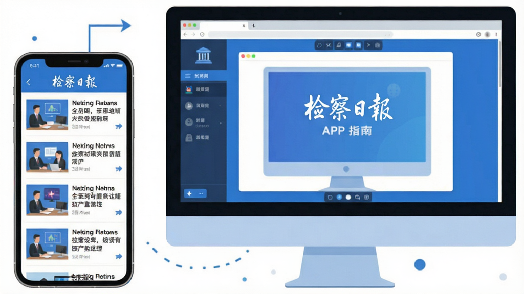 检察日报APP使用指南插图,手机与电脑并排显示,手机屏幕展示新闻列表,电脑显示模拟器界面,风格扁平化,蓝色调,高清画质,干净无多余元素