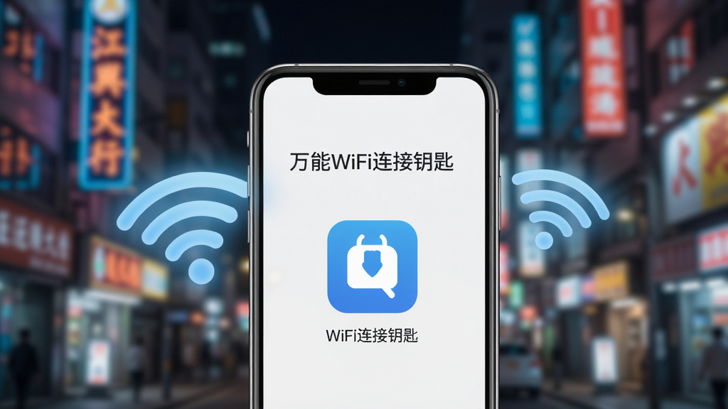 一张现代智能手机的屏幕特写,屏幕中显示“万能WiFi连接钥匙”APP的界面,周围背景是模糊的繁华都市夜景,霓虹灯闪烁,手机旁边有WiFi信号图标,图标发出柔和的蓝色光芒,画面清晰明亮,突出连接成功后的喜悦感,构图以手机为中心,简约风格,干净无多余元素