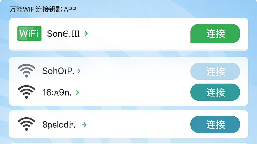 万能WiFi连接钥匙APP的界面截图,界面上显示着附近可用的WiFi列表,每个WiFi条目旁边都有一个明显的“连接”按钮,其中第一个WiFi信号显示已连接状态,信号图标满格,背景为浅蓝色渐变,界面布局清晰,简约扁平化设计风格,画质干净,无多余元素