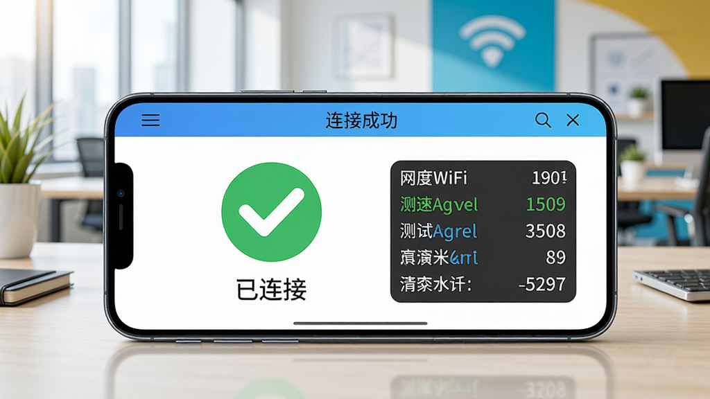 一部智能手机横屏放置在桌面上,屏幕显示万能WiFi连接钥匙APP的“连接成功”页面,页面上有一个大大的绿色对勾图标和“已连接”字样,旁边有网速测试的实时数据,背景是明亮的办公室环境,画面色彩鲜艳,构图干净,突出软件运行流畅稳定的特点