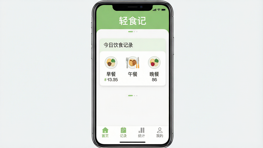 一张展示轻食记APP主界面的高清截图,界面风格清新简约,以浅绿色和白色为主色调,顶部显示“轻食记”品牌Logo,中部是今日饮食记录卡片,包含早餐、午餐、晚餐图标和热量数据,底部有四个导航标签:首页、记录、统计、我的。整体布局干净整洁,排版清晰,采用扁平化设计风格,细节丰富,画质清晰,无多余元素。