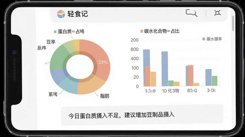 展示轻食记APP的营养分析报告页面,以圆形饼图和柱状图展示蛋白质、脂肪、碳水化合物的占比,下方有文字总结:“今日蛋白质摄入不足,建议增加豆制品摄入”。界面设计专业,色彩搭配柔和,图表数据清晰,背景为纯白色,整体排版简洁,画质高清,干净无多余元素。