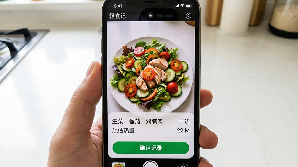 展示轻食记APP拍照识别食物的功能界面,手机屏幕中央显示拍摄的一盘蔬菜沙拉,屏幕下方弹出识别结果卡片,列出“生菜、番茄、鸡胸肉”等食材名称和预估热量,界面有“确认记录”按钮。图片采用手机实拍风格,背景为干净的厨房桌面,光线明亮,画质高清,细节真实,无多余元素。