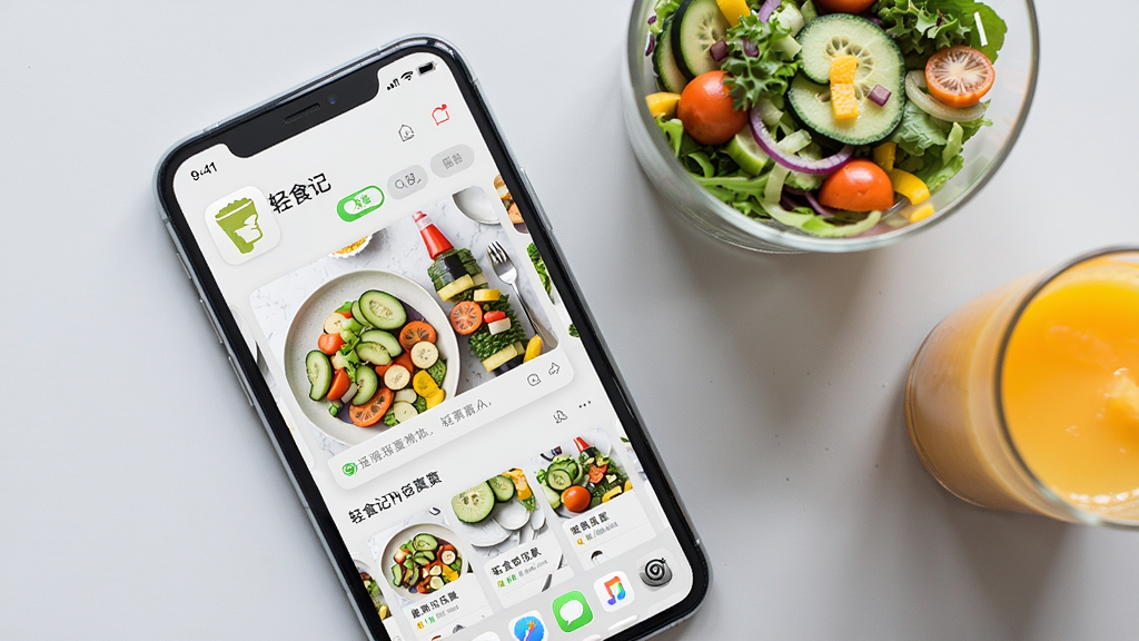 展示轻食记APP在手机桌面的图标和应用界面预览,手机屏幕显示轻食记的主页,背景为浅灰色桌面,手机旁边放着一杯蔬菜沙拉和一杯果汁,整体风格清新自然,采用俯拍视角,画面干净整洁,画质高清,细节丰富,无多余元素。