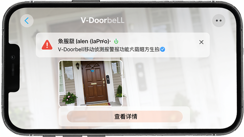 一张展示V-Doorbell移动侦测报警功能的界面,手机屏幕上显示一条报警通知消息,配以门前动态的缩略图,界面带有警示图标和“查看详情”按钮,整体风格简洁明了,画质干净。