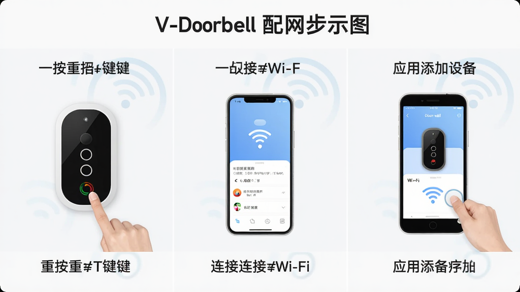 一张展示V-Doorbell配网步骤的示意图,画面分为三个步骤,分别显示长按重置键、手机连接Wi-Fi、应用添加设备,步骤清晰,背景为浅色,画质干净,无多余元素。