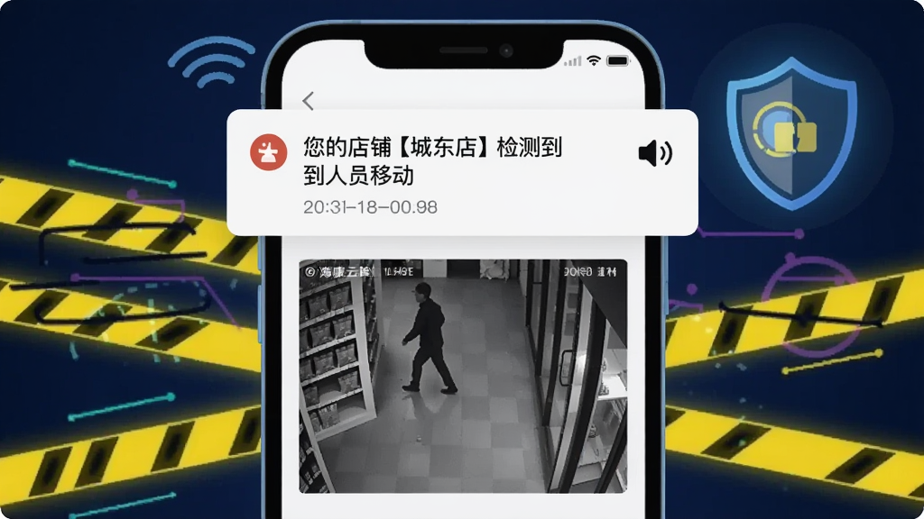 画面主体为海康云眸智能报警推送的示意图,手机屏幕显示一条报警通知,内容为“您的店铺【城东店】检测到人员移动”,下方附带一张黑白抓拍截图,背景是发光的警戒线和盾牌图标;布局居中,风格为科技感扁平插画,细节包括通知时间戳和声音开关图标,画质干净无多余元素