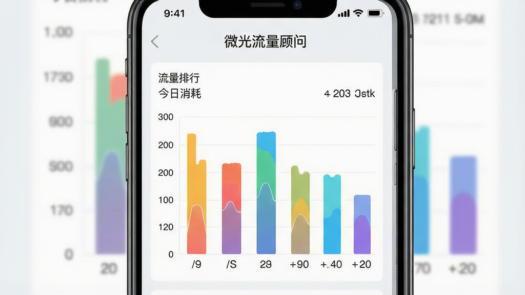 一个手机应用界面截图,顶部显示“微光流量顾问”名称,下方是柱状图展示不同应用的流量消耗排行,柱状图颜色鲜艳,背景为浅灰色,整体布局清晰,文字标签为“流量排行”“今日消耗”,画面干净专业,无多余元素。