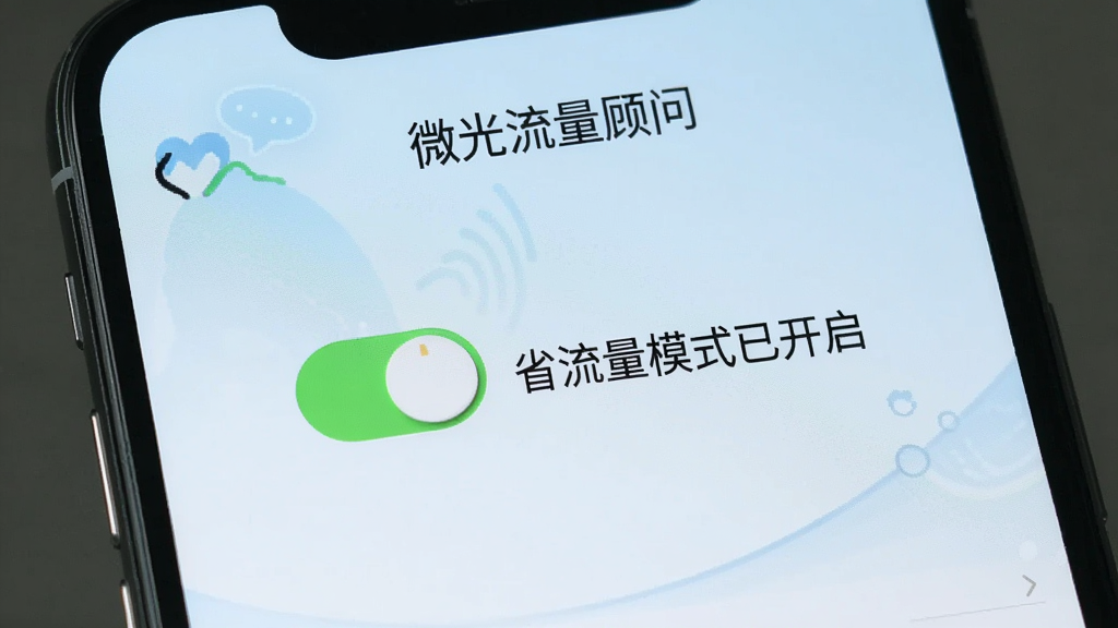 一张手机截图,展示微光流量顾问的省流量模式开启界面,界面中央有一个绿色开关按钮,旁边有“省流量模式已开启”的文字说明,背景为浅蓝色,整体风格简洁明快,突出软件名称“微光流量顾问”,画质清晰,无多余元素。