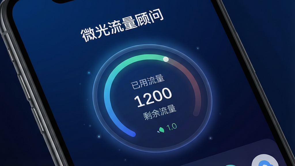 一张智能手机屏幕特写,屏幕正中央显示“微光流量顾问”APP的界面,界面以深蓝色为主色调,中央有一个醒目的圆形仪表盘,显示当前已用流量和剩余流量,仪表盘周围环绕着细腻的光晕效果,背景为深色渐变,整个画面干净简洁,突出软件名称“微光流量顾问”字样,画质高清,无多余元素。