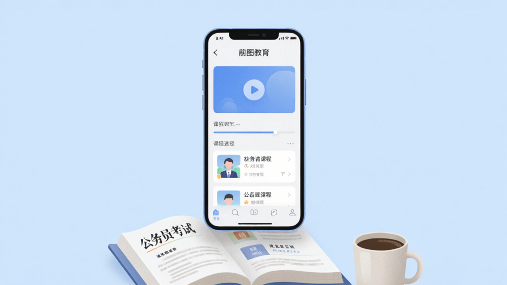 画面主体为一部亮着屏幕的智能手机悬浮在干净浅蓝色背景中央,手机屏幕内清晰显示“前图教育”APP的课程列表界面,界面设计简洁现代。手机下方放置着一本翻开的公务员考试教材和一杯咖啡。整体布局采用居中对称构图,风格为扁平化插画与轻微拟物质感结合,细节包括屏幕上的播放按钮与课程进度条,画质高清,画面干净,无多余元素