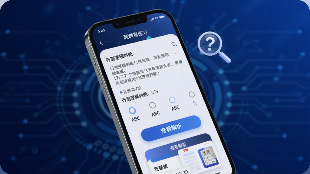 前图教育APP的题库练习界面,手机屏幕显示一道行测逻辑判断题,下方有ABCD选项与“查看解析”按钮。背景为深蓝色科技感渐变,突出知识深度。手机略微倾斜放置,旁边悬浮着放大镜与问号小图标。风格为现代科技风,细节包括解析文字与答题卡缩略图,画质清晰,无多余元素