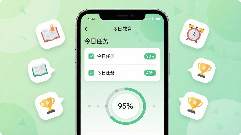 一张前图教育APP的智能学习计划界面截图,手机居中展示,屏幕上有“今日任务”清单与时间轴进度环。背景为淡绿色渐变,营造专注氛围。布局为手机全屏展示,辅以四周发散的小图标如书本、闹钟、奖杯。扁平化设计风格,细节强调任务勾选状态与百分比数据,画质干净,无多余元素