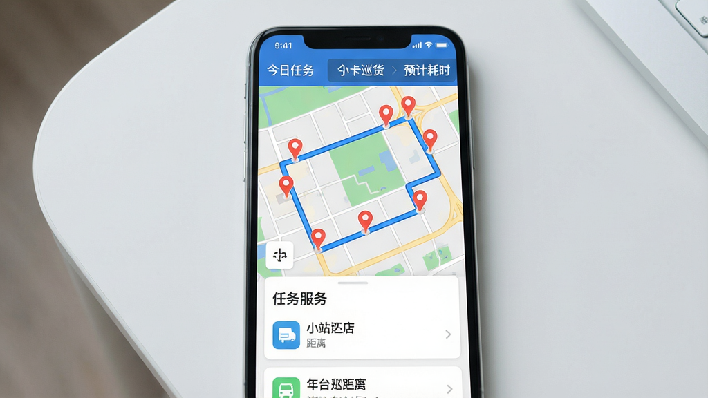 主体:一张智能手机屏幕的特写,屏幕显示“小卡巡货”的巡店路线规划界面,地图上标记着多个门店坐标与一条高亮的最优路线。布局:手机居中,背景为简洁的浅灰色桌面。排版:地图界面占据屏幕主要区域,下方有任务列表卡片,清晰展示下一站门店名称与距离。风格:扁平化UI设计风格,色彩明快,图标简洁。细节:路线用蓝色实线标注,门店坐标用红色图钉标记,屏幕顶部显示“今日任务”与“预计耗时”。画质:高清,界面元素无模糊,画面干净,无多余元素。