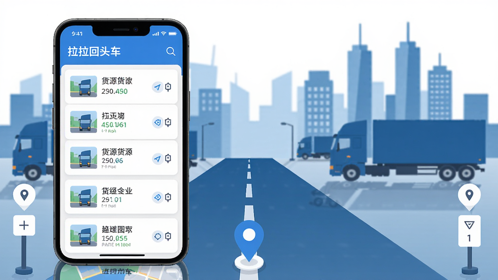 拉拉回头车货运平台主界面展示,手机屏幕显示货源列表与地图定位,背景为城市道路与货车剪影,整体色调蓝白相间,扁平化设计风格,界面干净整洁,细节清晰,画质高清,无多余元素