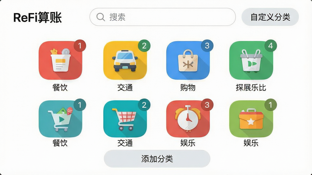 主体:“ReFi算账”应用的账单分类界面,展示餐饮、交通、购物、娱乐等彩色图标。布局:图标呈网格排列,上方有搜索框和“自定义分类”按钮。排版:图标大小一致,标签文字居中。风格:清新简约,图标以红黄蓝绿为主色调。细节:每个图标带有小角标数字,界面下方有“添加分类”按钮。画质:高清,干净,无多余元素。