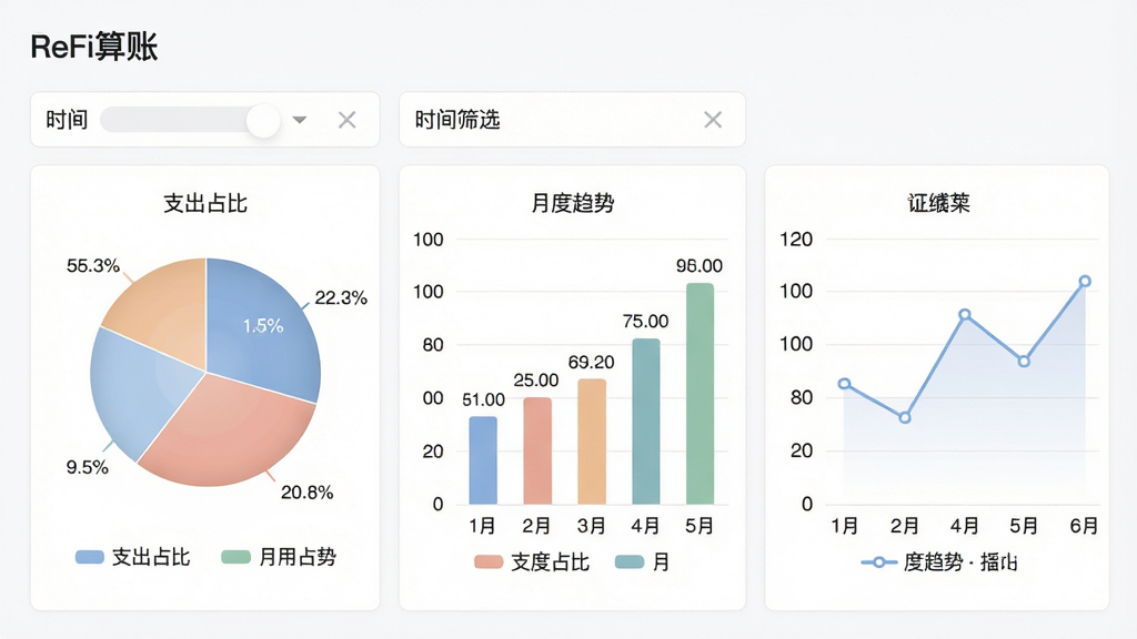 主体:“ReFi算账”的报表分析页面,包含饼图、柱状图和折线图。布局:上方为时间筛选器,中部为三个图表并排。排版:饼图在左,柱状图居中,折线图在右。风格:商务简洁,背景白色,图表配色柔和。细节:图表数据标注清晰,有“支出占比”“月度趋势”等标题。画质:超清,干净,无多余元素。