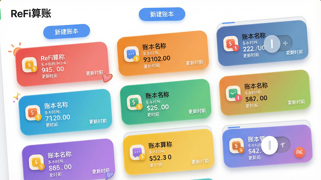 主体:“ReFi算账”多账本管理界面,展示多个账本卡片。布局:卡片纵向排列,每个卡片显示账本名称和余额。排版:卡片圆角设计,颜色各异,上方有“新建账本”按钮。风格:活泼明快,卡片有轻微阴影。细节:每个账本有图标和更新时间,支持滑动删除。画质:高清,干净,无多余元素。
