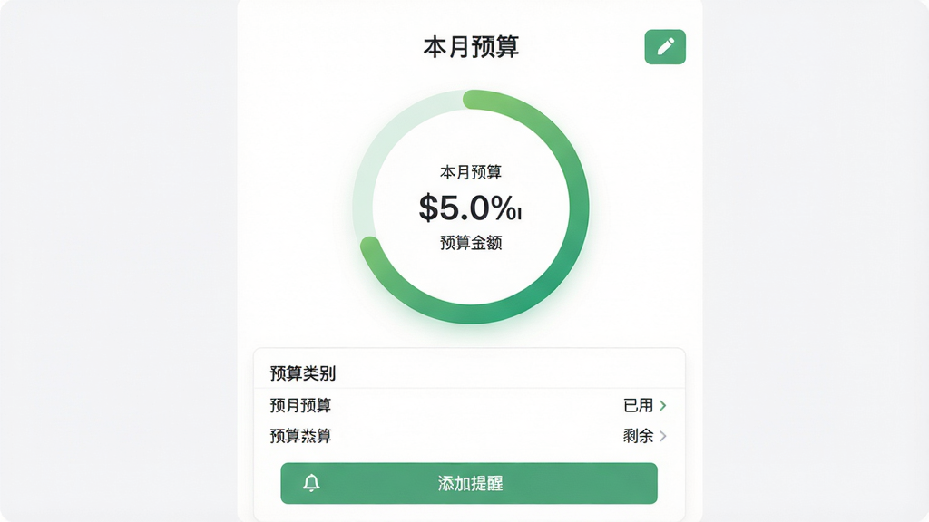 主体:“ReFi算账”预算设置界面,显示环形进度条和预算金额。布局:进度条居中,下方有“预算类别”列表。排版:进度条上方有“本月预算”标题,右侧有编辑按钮。风格:简洁直观,进度条以绿色渐变显示。细节:有“已用”“剩余”数字,底部有“添加提醒”按钮。画质:4K,干净,无多余元素。