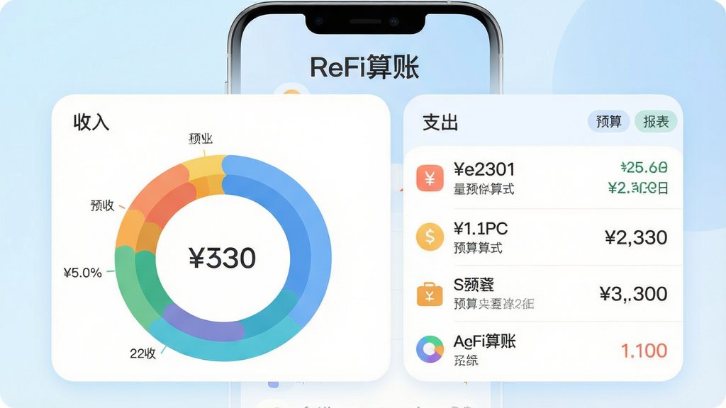 主体:一款名为“ReFi算账”的智能手机应用界面,屏幕显示彩色环形统计图表和收支明细列表。布局:手机居中,界面清晰展示“收入”与“支出”模块,顶部有“ReFi算账”字样。排版:图表在左,列表在右,平衡构图。风格:现代扁平化设计,色彩明快,背景为淡蓝色渐变。细节:界面图标圆润,数字清晰,有“预算”“报表”等标签。画质:4K超清,干净,无多余元素。
