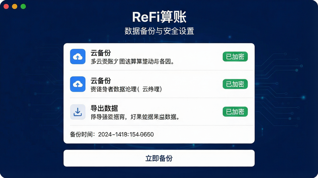 主体:“ReFi算账”数据备份与安全设置界面,包含“云备份”“导出数据”选项。布局:设置列表居中,每个选项带图标和说明。排版:列表行高舒适,有绿色“已加密”标识。风格:科技感,背景深蓝色,文字白色。细节:有“备份时间”记录,底部有“立即备份”按钮。画质:超清,干净,无多余元素。
