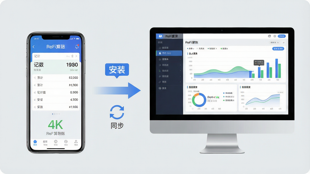 主体:一部手机和一台电脑并排放置,屏幕上显示“ReFi算账”应用界面。布局:手机在左,电脑在右,中间有箭头连接。排版:手机屏幕显示记账页面,电脑屏幕显示报表图表。风格:商务科技风,背景浅灰色。细节:画面中有“安装”“同步”等文字标识。画质:4K,干净,无多余元素。