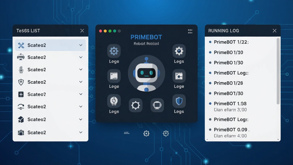 PrimeBOT主界面展示,深色主题,中央显示机器人控制面板,左侧为任务列表,右侧为运行日志,整体布局简洁,图标扁平化,背景为科技感蓝色渐变,画质清晰,干净,无多余元素