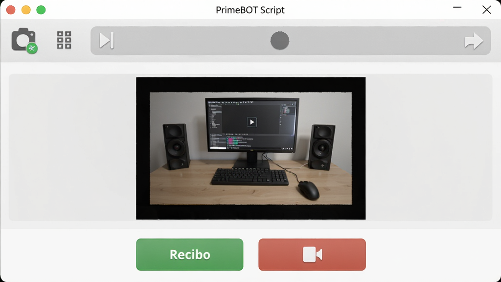 PrimeBOT脚本录制界面,显示录制控制条,中间为操作预览区域,底部有开始录制和停止按钮,界面清晰,图标明确,画质干净,无多余元素