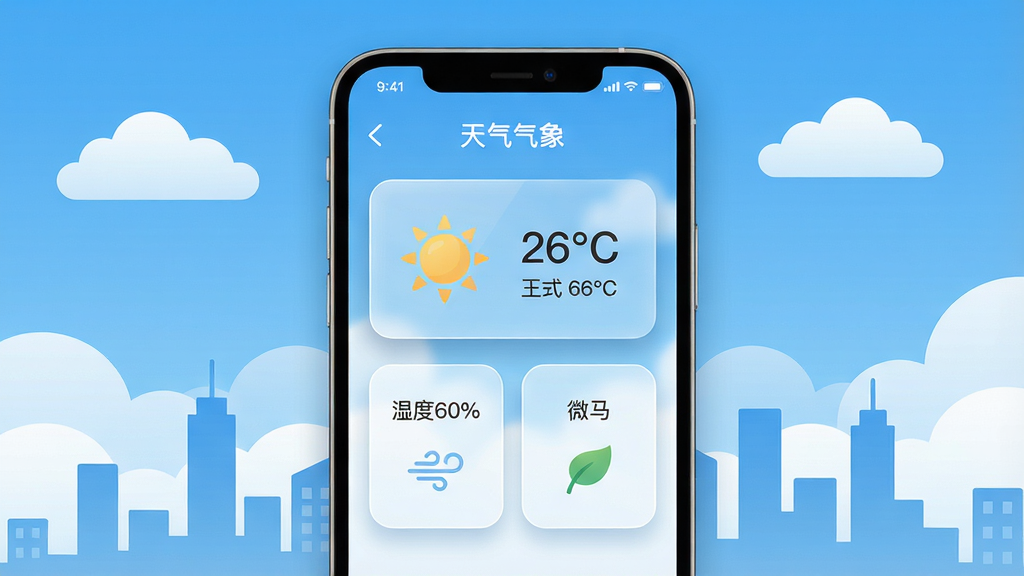 一幅清新风格的手机应用宣传图,主体为智能手机屏幕展示“天气气象”主界面,界面显示晴天图标、温度26℃、湿度60%、微风等数据卡片,背景是蓝天白云与城市剪影,布局居中,风格扁平化,细节包括玻璃拟态卡片阴影、圆角设计,画质高清干净,无多余元素