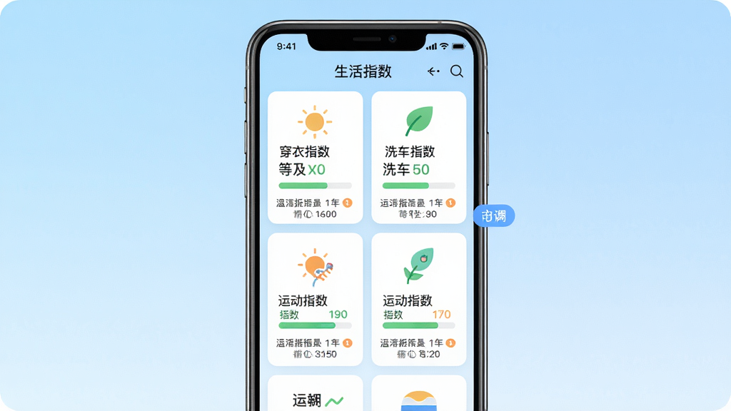 天气气象APP的生活指数界面截图,主体为手机竖屏展示穿衣指数、洗车指数、运动指数等卡片,每张卡片有对应图标与等级文字,背景为浅蓝渐变,布局为网格排列,风格清新简洁,细节包括指数进度条与温馨提示,画质高清干净,无多余元素