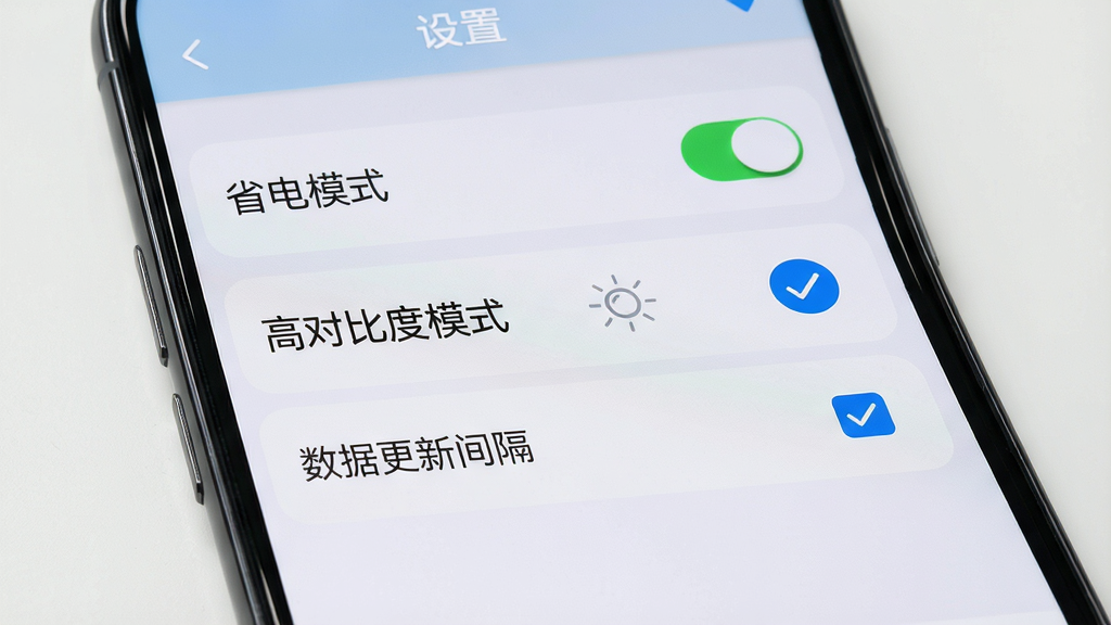 手机竖屏展示天气气象APP的实用功能界面,主体为设置页面,显示“省电模式”、“高对比度模式”、“数据更新间隔”等选项,背景为浅灰色,布局为列表形式,风格简洁,细节包括开关按钮与勾选状态,画质高清干净,无多余元素